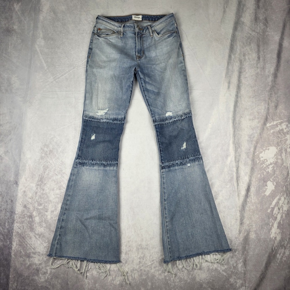 Hudson Jeans Womens Size 26 Mia 5 Pocket Mid Rise Flare Raw‎ Hem Patched Blue
